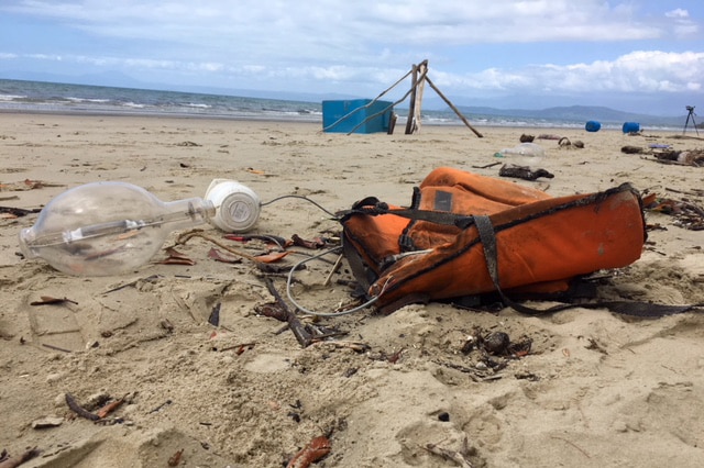 Debris from suspected illegal Vietnamese fishing boat washed up on beach at Cape Kimberley in the Daintree.