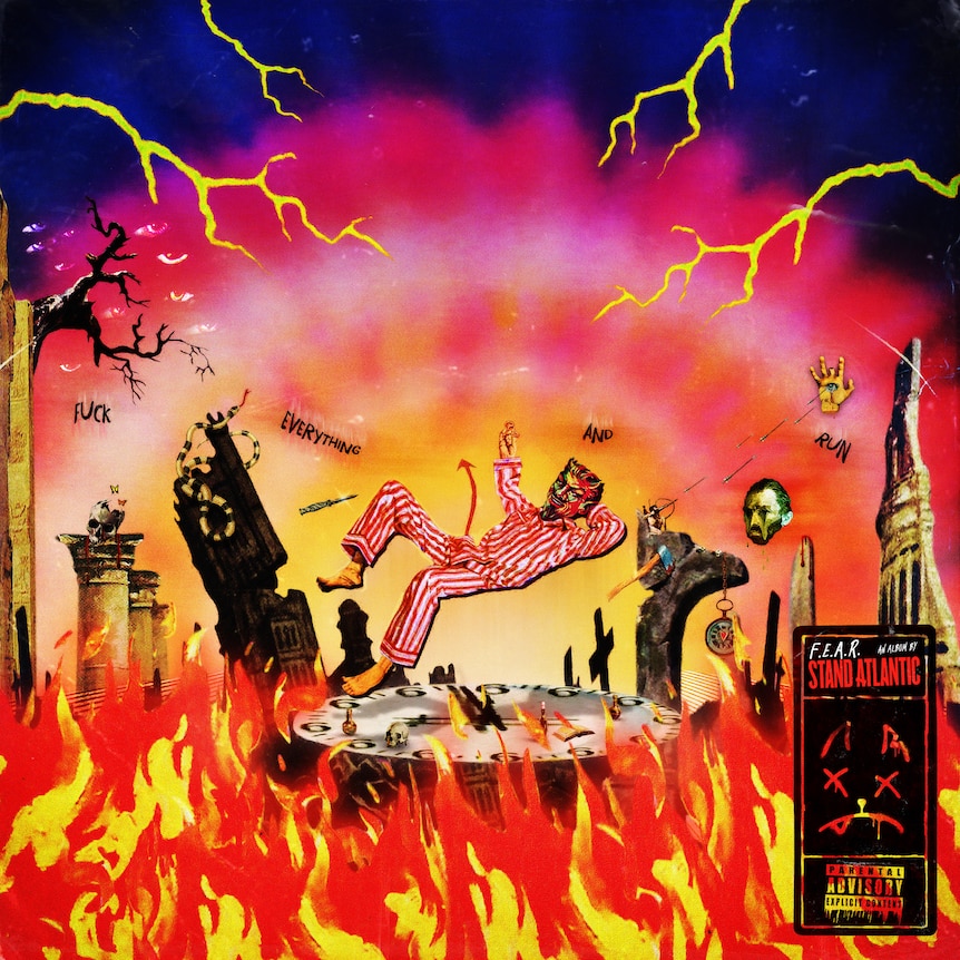 art for Stand Atlantic's f.e.a.r. album illustrated devil in pyjamas floating above a fiery hellscape of collage images