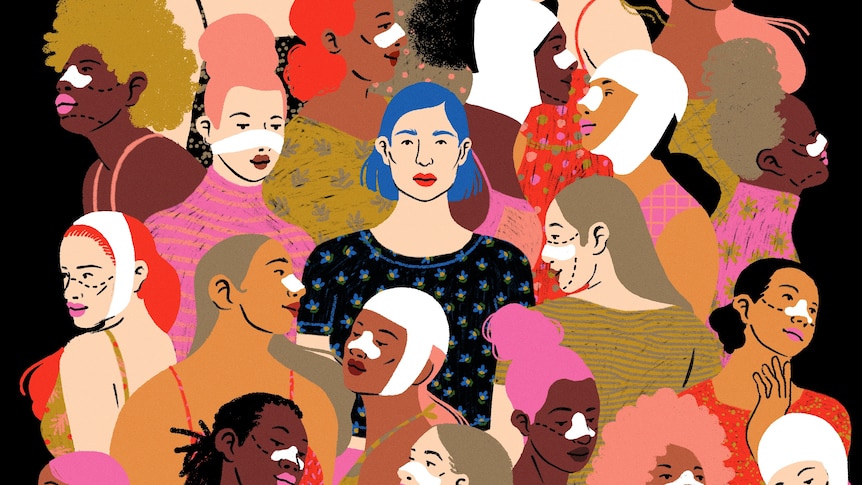A colourful illustration on a dark background of women of diverse backgrounds with bandages placed at points of their faces.
