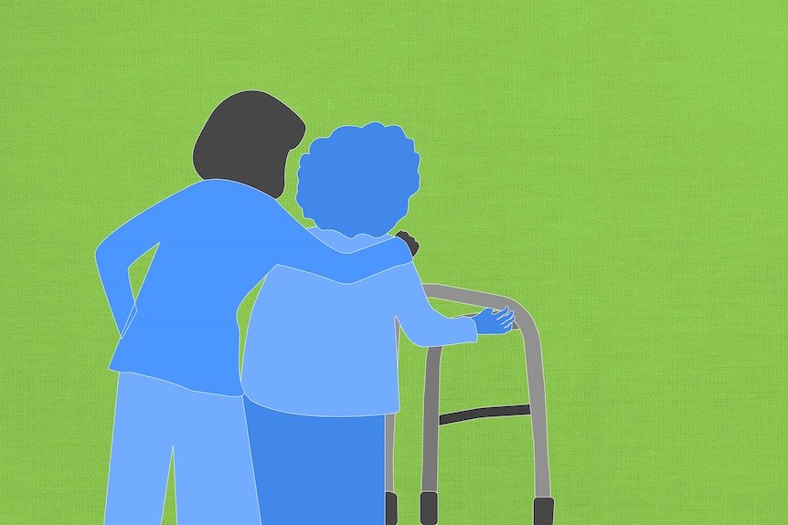 An illustration of a woman with her arm around an older woman who is using a walker.