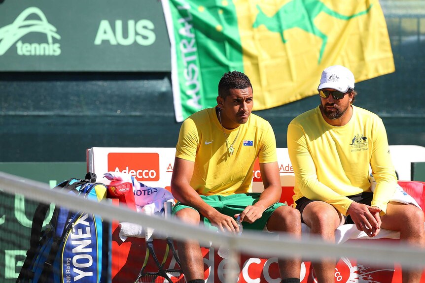 Nick Kyrgios and Pat Rafter during a Davis Cup match