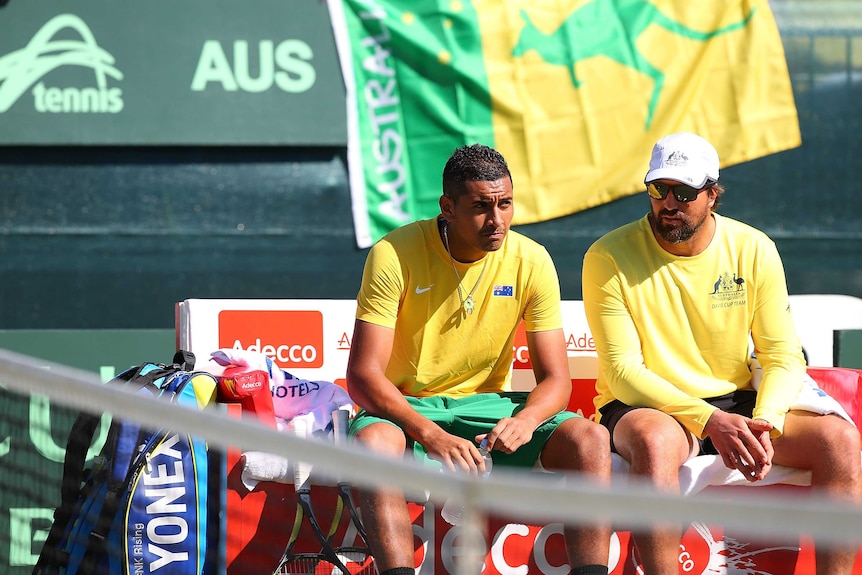 Nick Kyrgios and Pat Rafter during a Davis Cup match