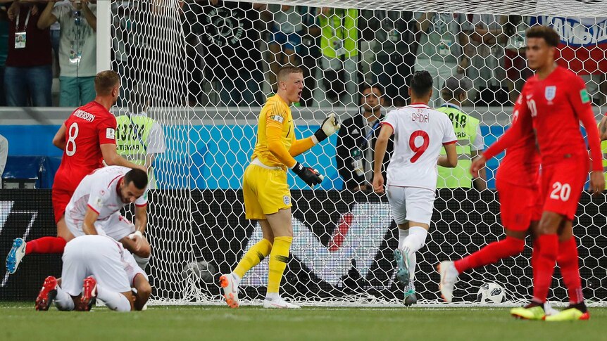 Jordan Pickford rallies the troops after Tunisia scores against England