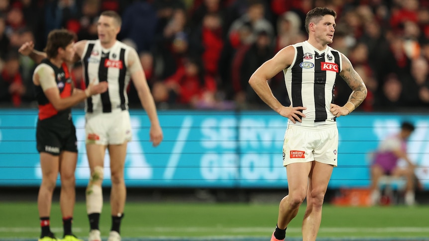 A Collingwood player stands with hands on hips at the MCG as Magpies and Bombers players shake hands in the background.