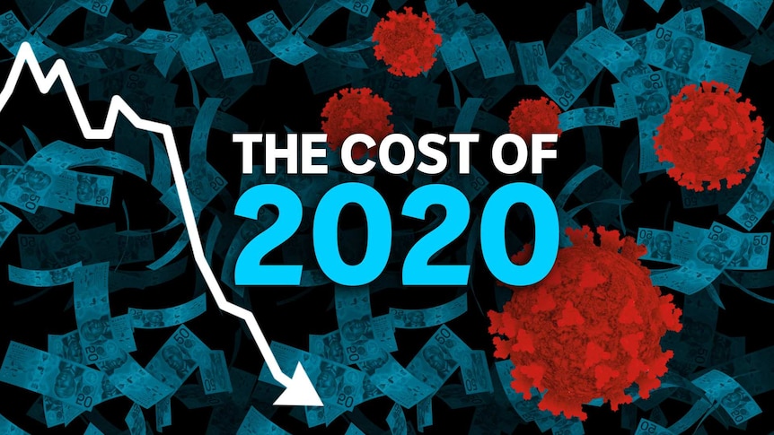 'The Cost of 2020' against a background of falling 20 dollar notes, coronavirus symbols and a zigzagging line going downwards.