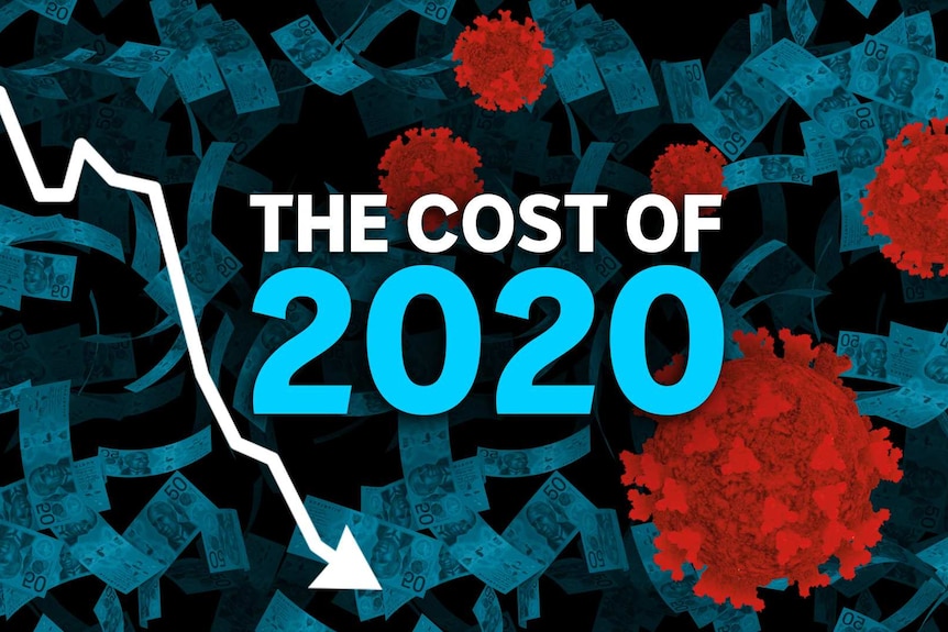 'The Cost of 2020' against a background of falling 20 dollar notes, coronavirus symbols and a zigzagging line going downwards.