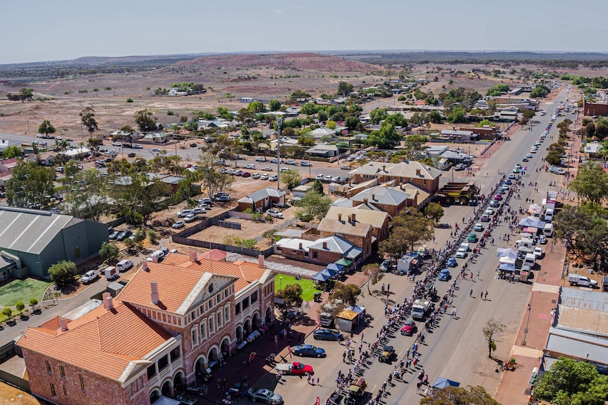 A drone shot of a country town during annual fair