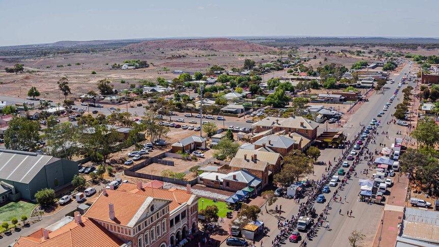 A drone shot of a country town during annual fair