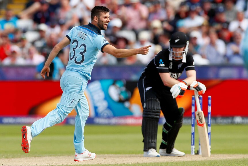 Mark Wood smiles and points to the side as Mark Neesham leans on his bat with bails broken.