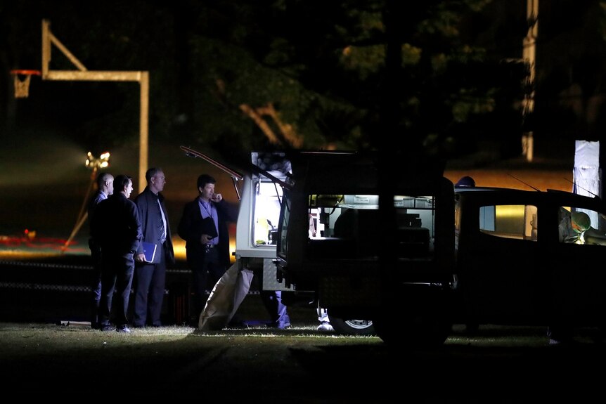 Detectives stand around a police car at the park at night.