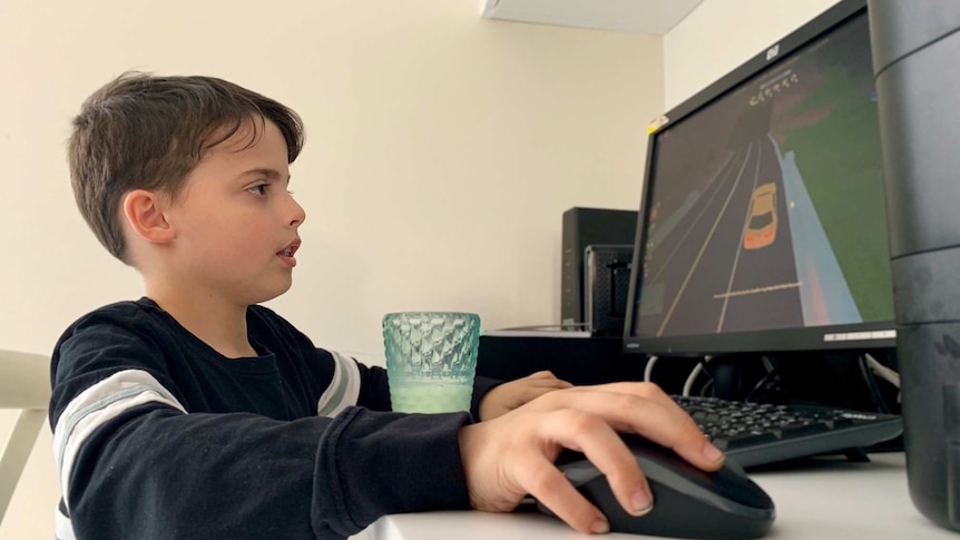 A young boy plays a video game on his computer.