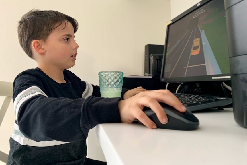 A young boy plays a video game on his computer.