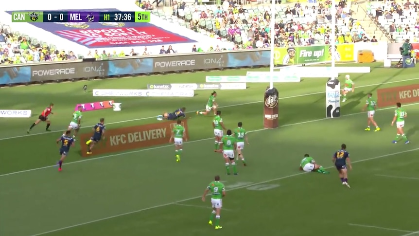 A screengrab of a TV broadcast showing how a rugby league player escapes the in-goal area