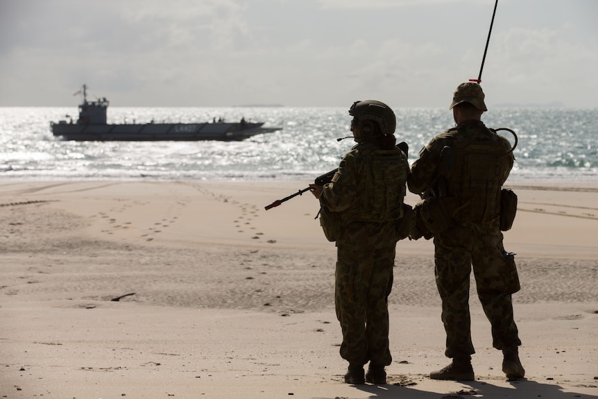 Soldiers off the coast of Shoalhaven Bay in Queensland.