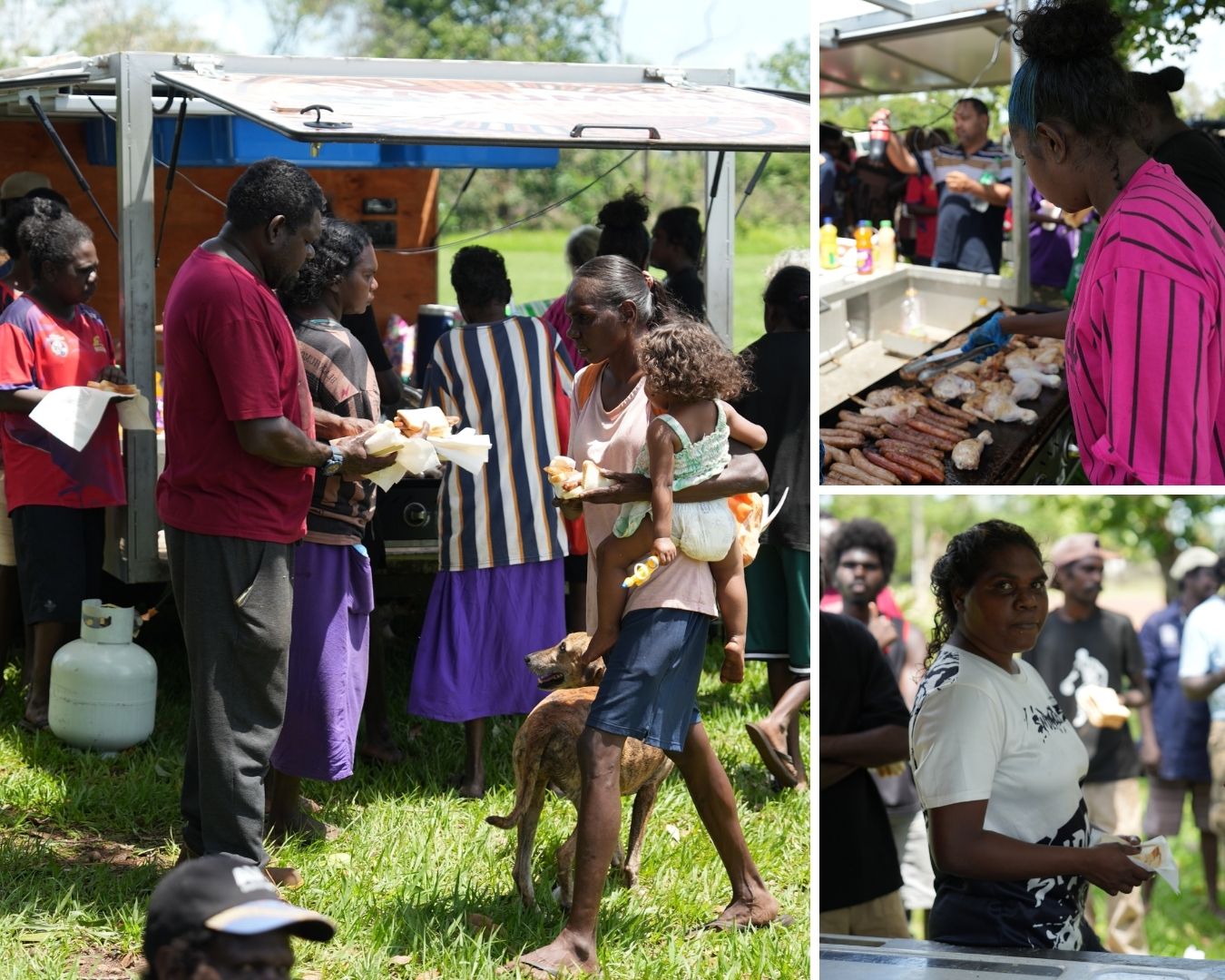 Uma colagem mostra pessoas comendo juntas em um churrasco comunitário.