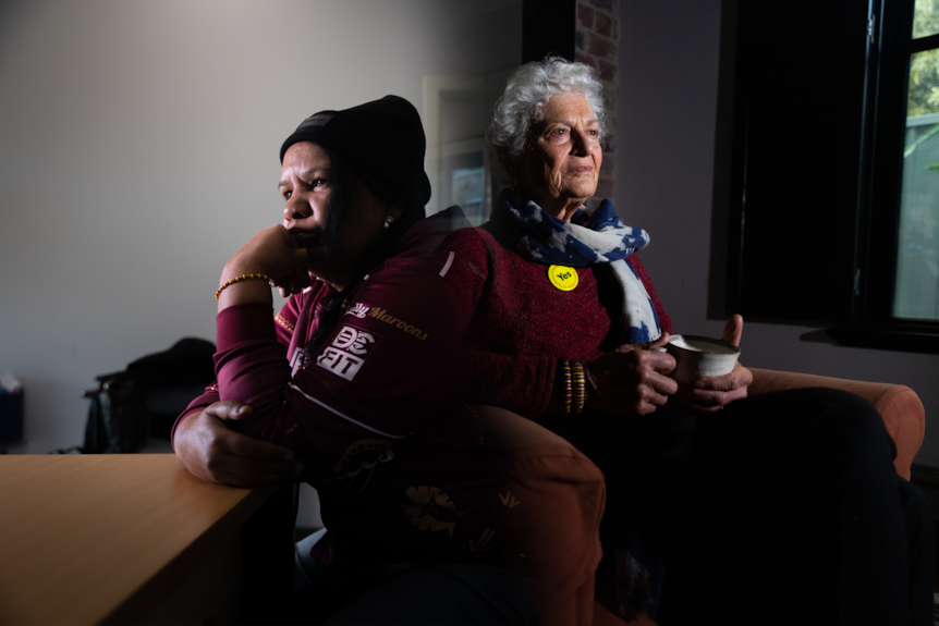 A composite picture of two women sitting with contemplative expressions.