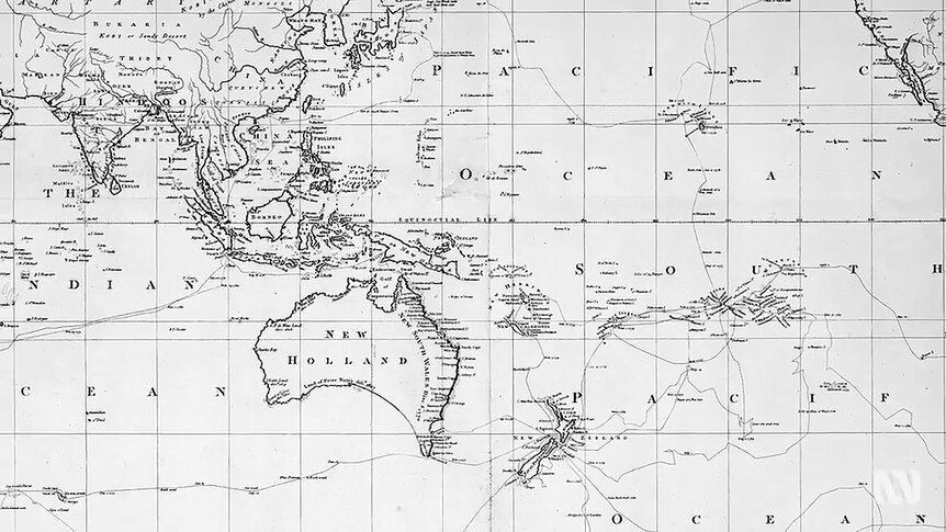 Old map of Australia, title on Australia reads "New Holland"
