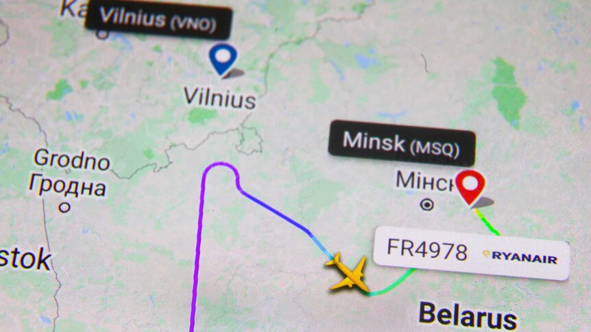 Flight path of plane diverted from Vilnius to Minsk by Belarussian authorities, taken on a mobile phone.