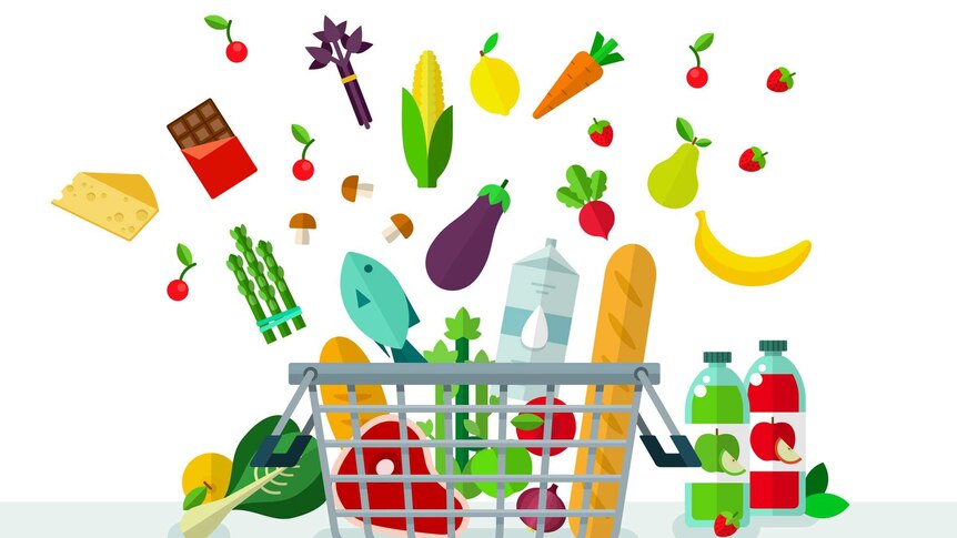Cartoon image of a range of grocery items jumping out of a supermarket basket