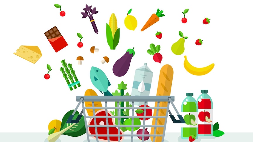 Cartoon image of a range of grocery items jumping out of a supermarket basket