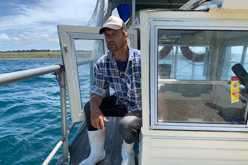 Mussel producer Michael Harris on his boat in Western Port Bay