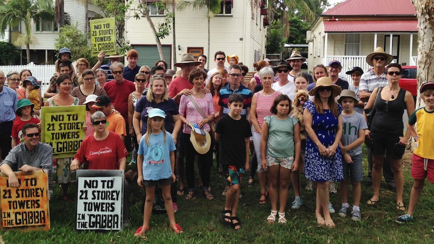 About 70 locals gathered to protest against a proposed mega-development project at Woolloongabba on Brisbane inner-south.