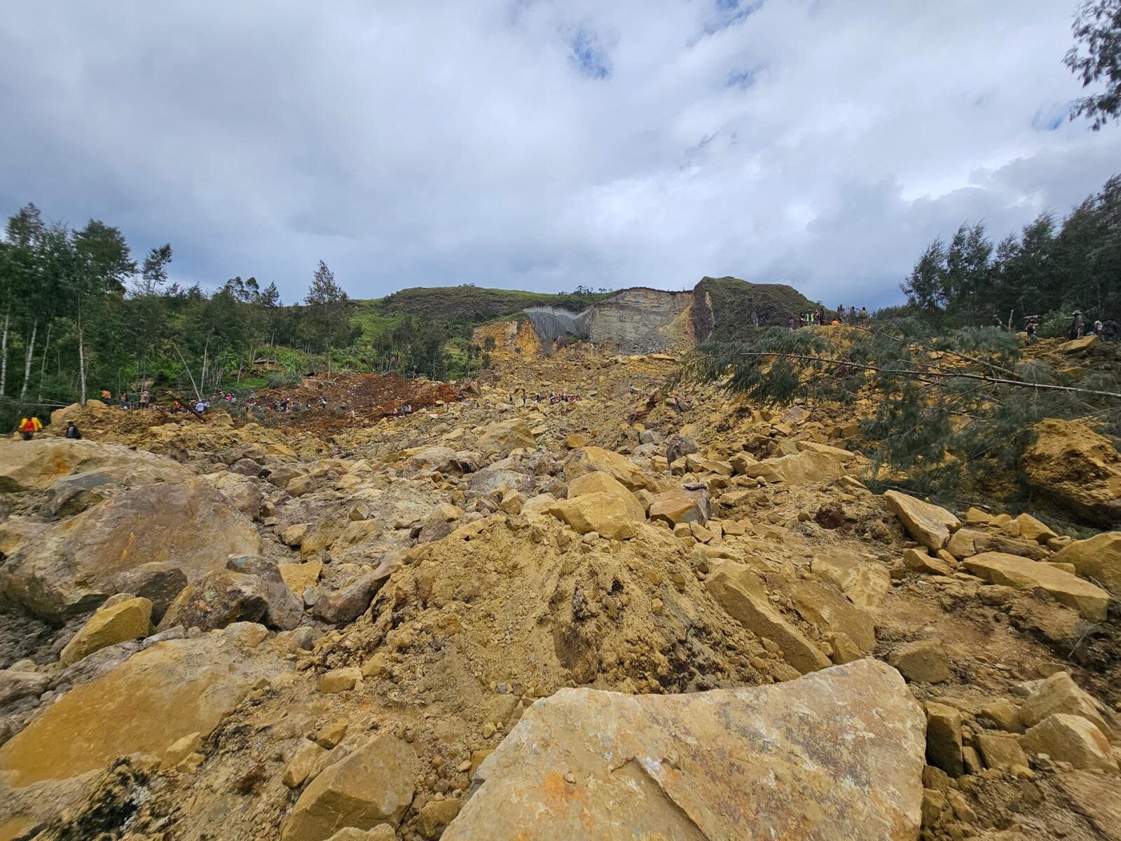 A wide view of the side of a mountain with a rock and mud covering the hill