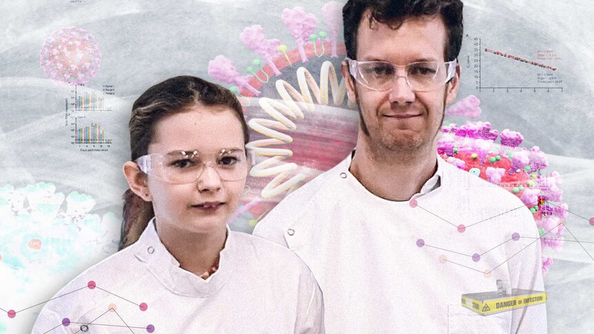 A scientist and his daughter in protective lab attire. A collage of vaccine and COVID-19 related imagery.