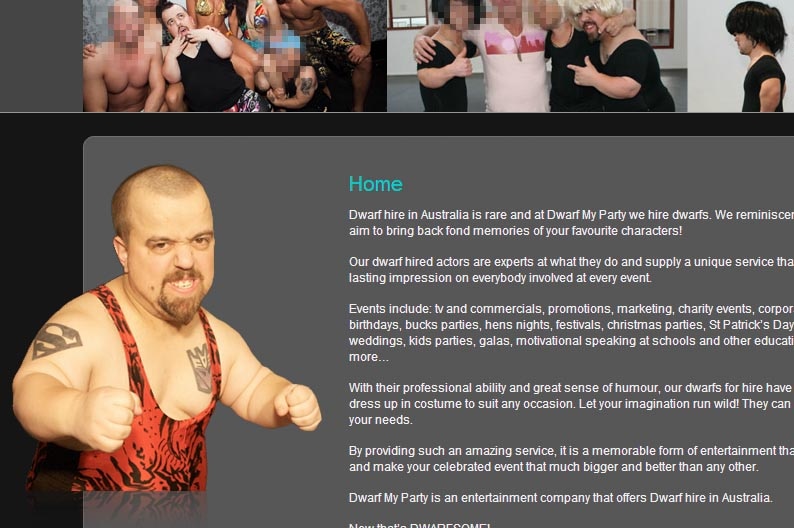 Part of the homepage of the Dwarf My Party website.