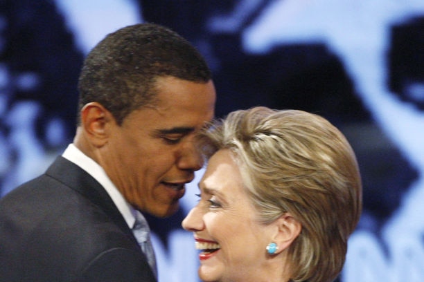 US Democratic presidential candidate Obama greets Clinton.