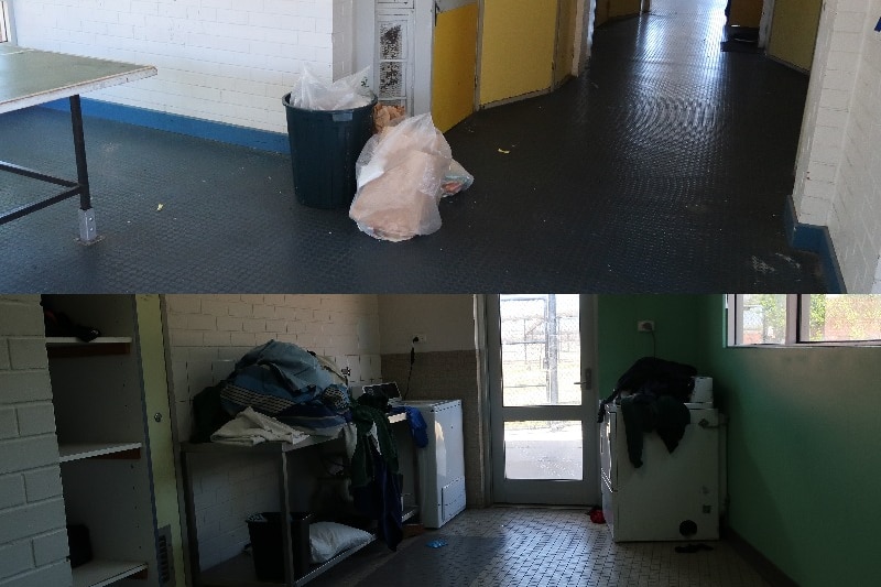Rubbish and clothes strewn around a prison area