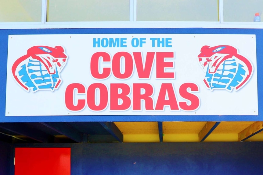 A sign with the words Cove Cobras and snakes holding footballs