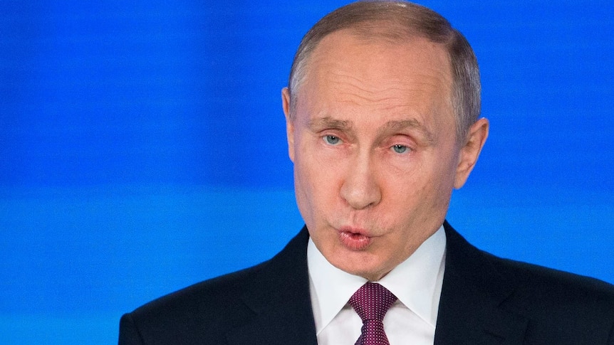 Vladimir Putin pulls a face during his speech