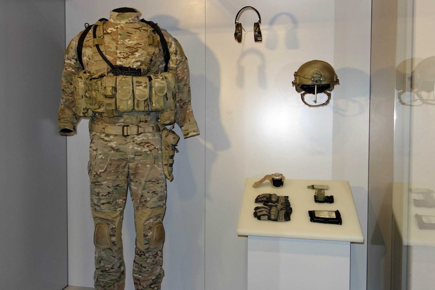 Victoria Cross recipient Ben Roberts-Smith's uniform that he wore in Afghanistan, on display at the Australian War Memorial in Canberra on November 5, 2013.