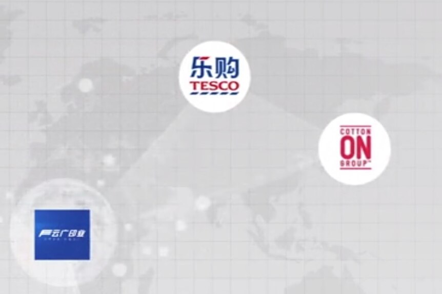 The logos of Tesco and Cotton On are shown in this screen capture of a Chinese corporate video.