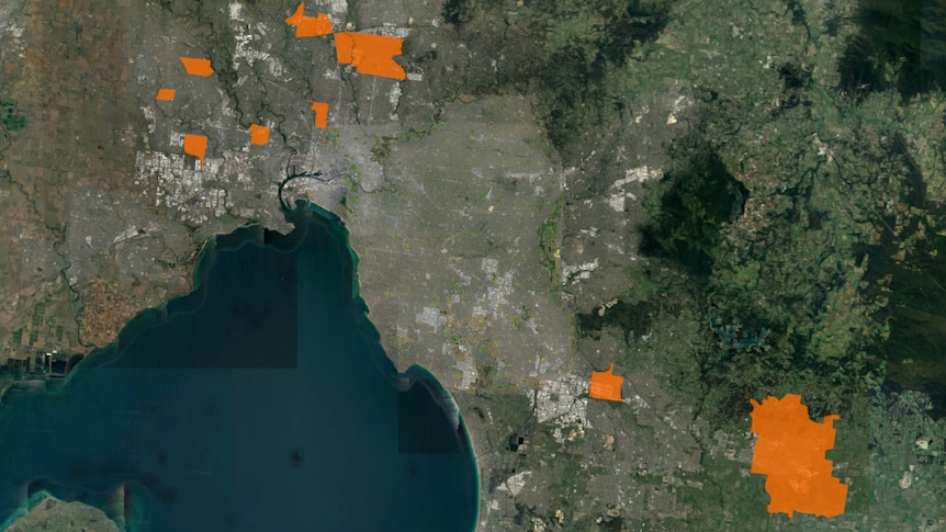 A map showing greater Melbourne with coronavirus hotspots highlighted in orange.
