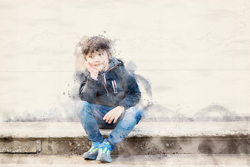 A watercolour graphic of a young boy sitting alone.