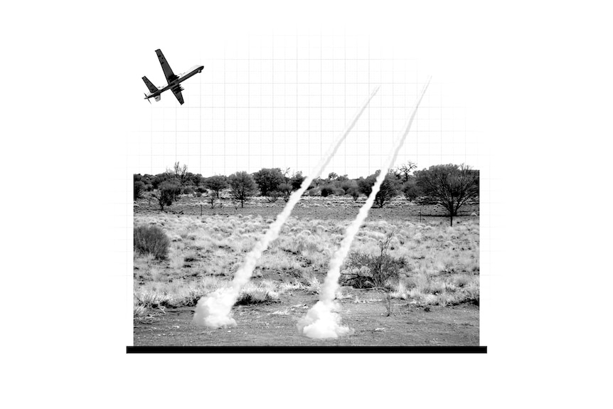 Black and white collage of drone flying, smoke from two missiles in paddock..