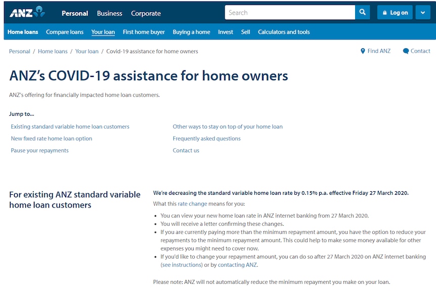 ANZ's COVID-19 assistance page for home owners.