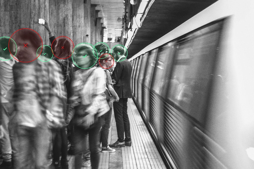 A graphic of people at a train station is overlaid with crosses and ticks indicating vaccination status.