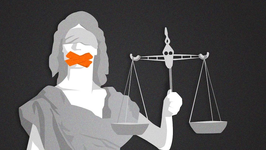 An illustration shows a figure of Lady Justice, with tape across her mouth