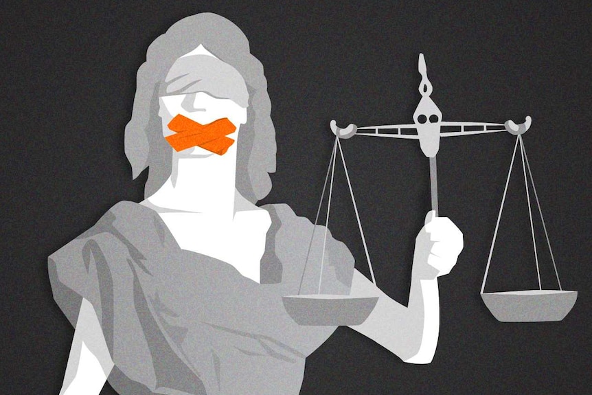 An illustration shows a figure of Lady Justice, with tape across her mouth
