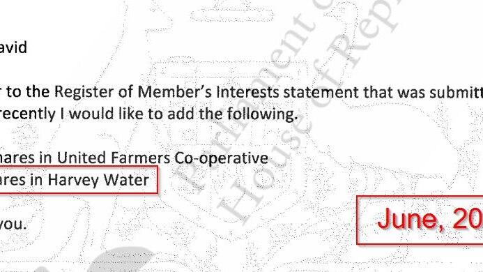 Screenshot of Nola Marino's register of interests showing she declared she bought shares in Harvey Water in 2011.