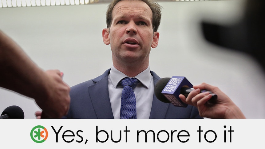 A pic of Matt Canavan speaking to the media. Verdict: Yes, but more to it. Circle with an asterisk half green half orange