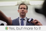 A pic of Matt Canavan speaking to the media. Verdict: Yes, but more to it. Circle with an asterisk half green half orange