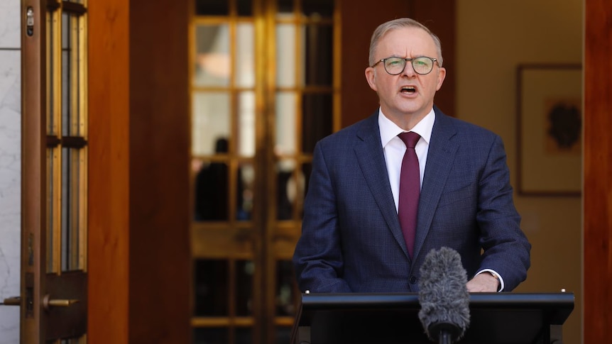 Prime Minister Anthony Albanese stands at a lecturn speaking. 