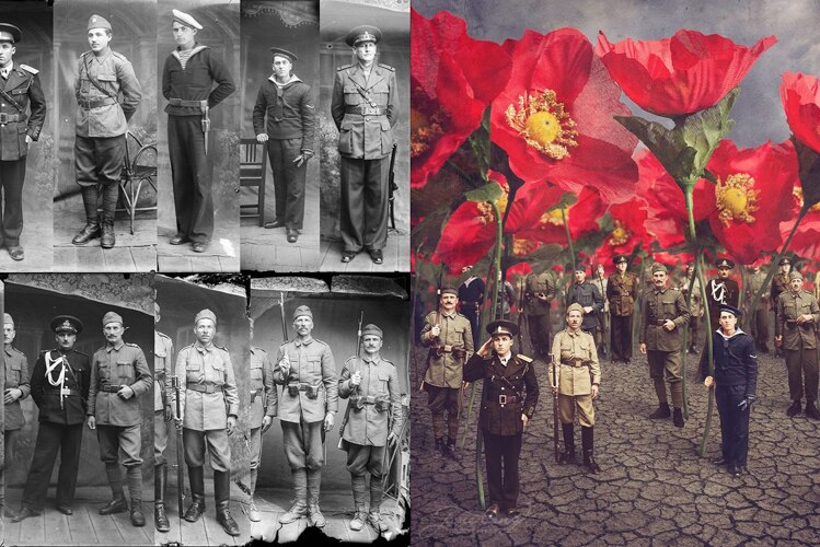 Photography entitled Tall Poppies was created when Jane Long collected the military photos and put them together.
