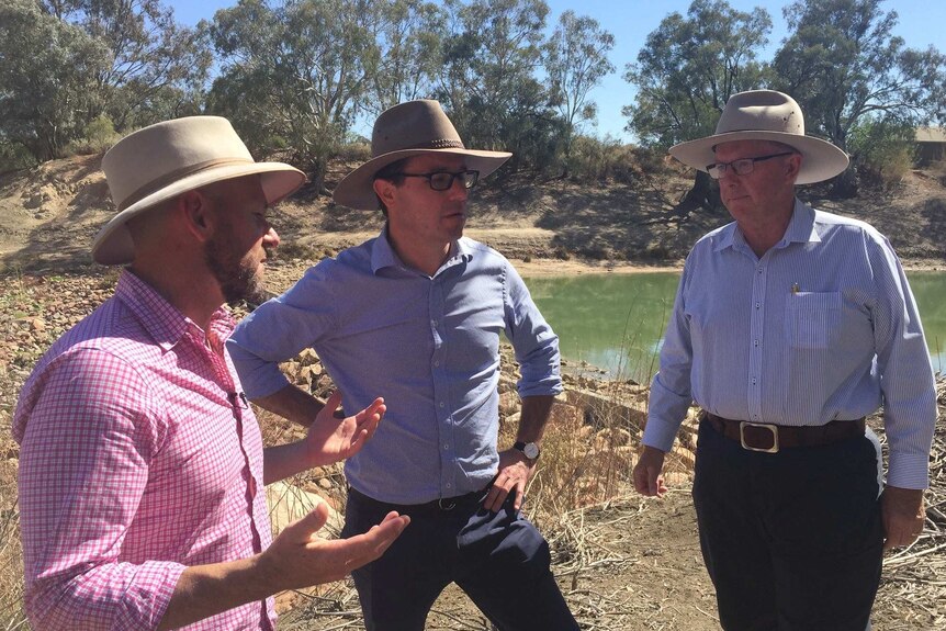 Minister Niall  Blair, Federal Minister David Littleproud and Member for Parkes Mark Coulton at the Wilcannia Weir