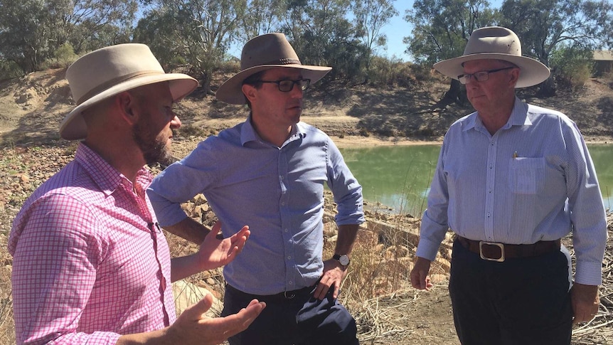 Minister Niall  Blair, Federal Minister David Littleproud and Member for Parkes Mark Coulton at the Wilcannia Weir