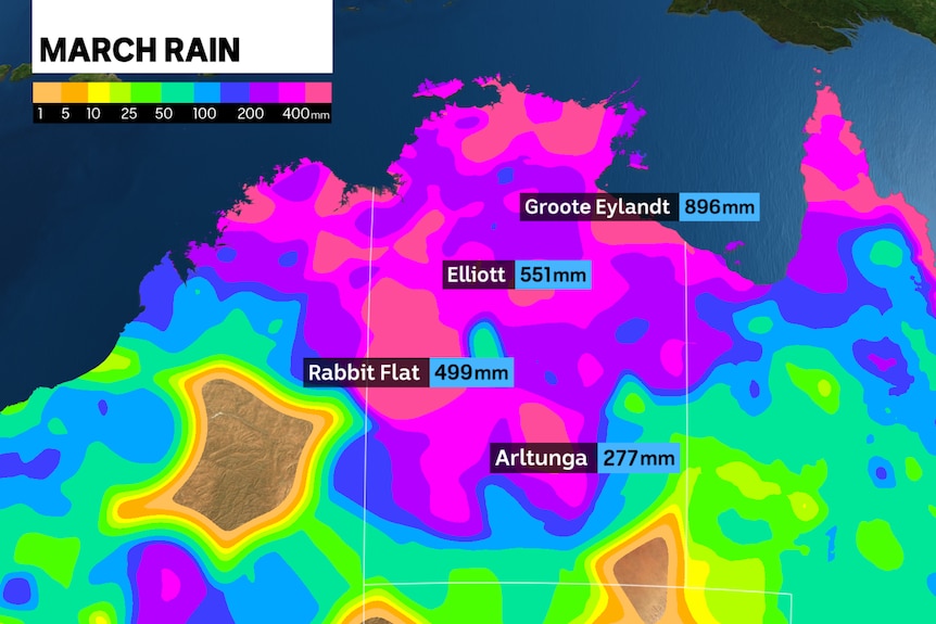 A map showing high rainfall in southern NT